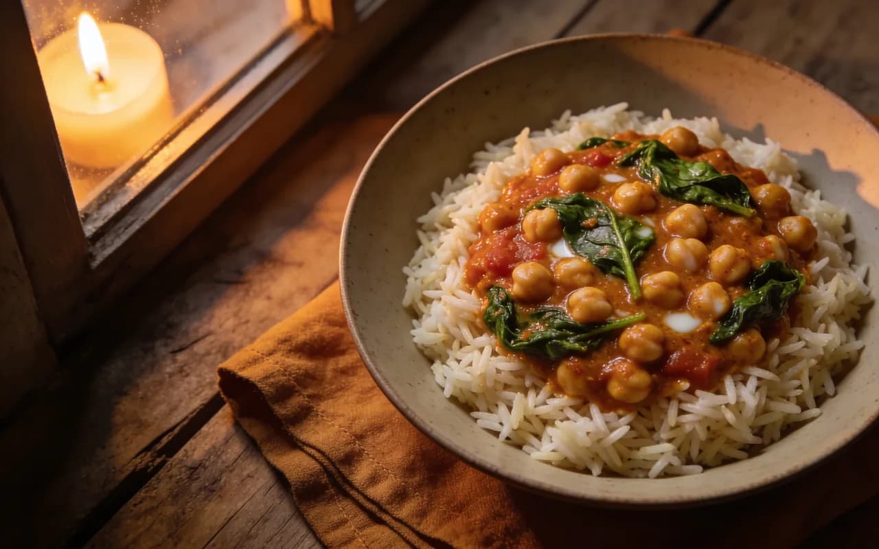Creamy Chickpea Spinach Coconut Curry with Basmati Rice