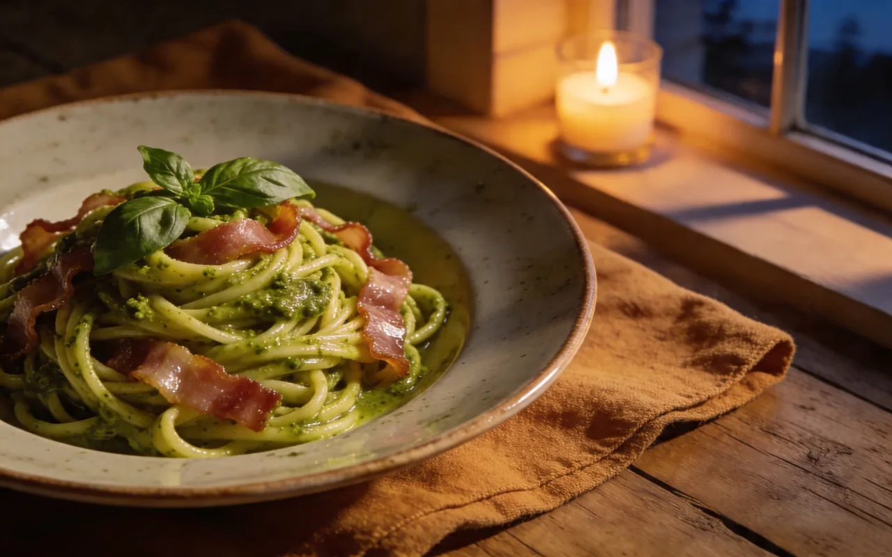Silky Pesto Pasta with Crisp Bacon Ribbons