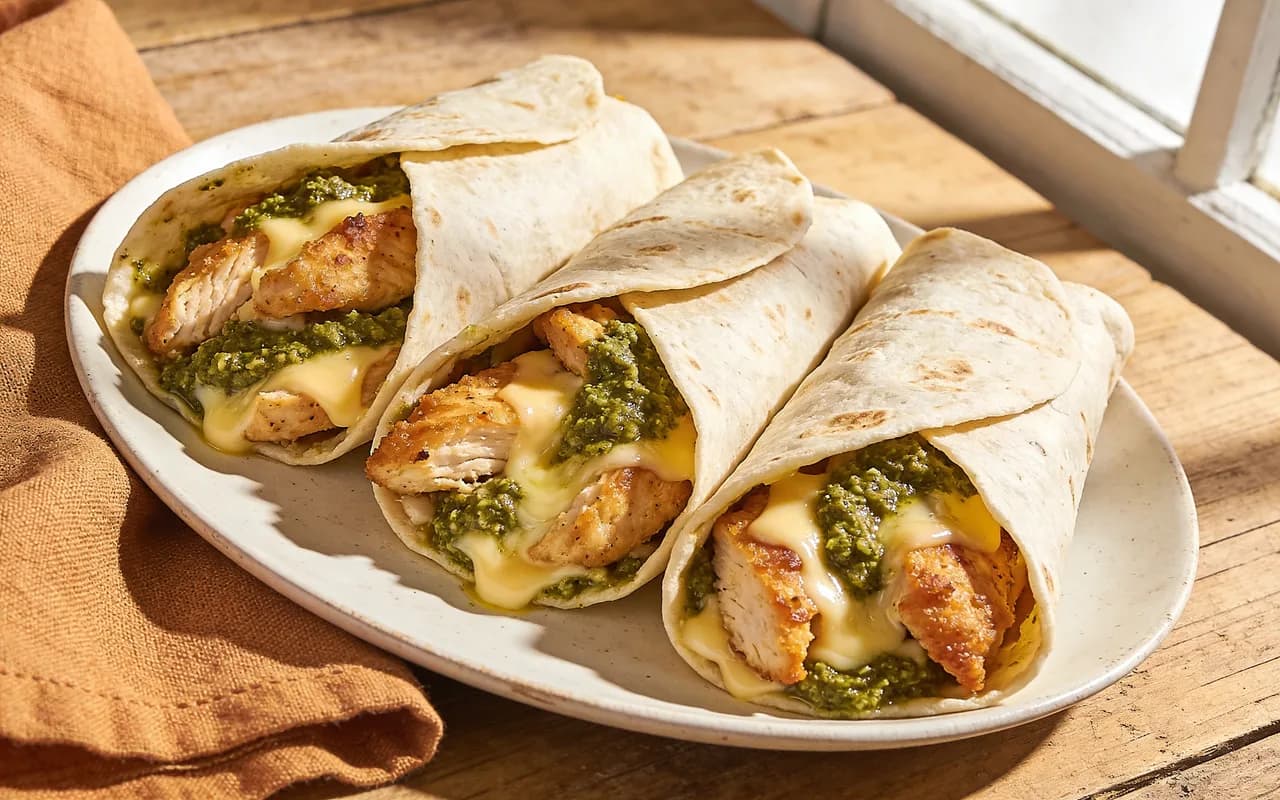 Warm Chicken Pesto Wraps with Melty Cheese