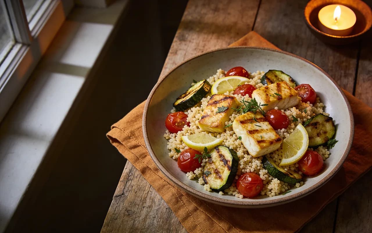 Lemony Halloumi Couscous with Roasted Courgette and Cherry Tomatoes